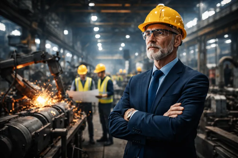Experienced engineer overseeing manufacturing process in a factory setting.
