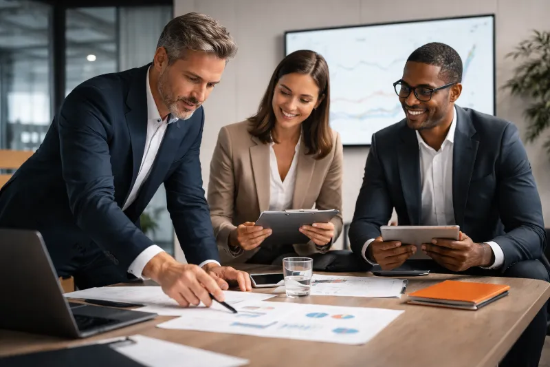 Business professionals discussing blockchain solutions at a meeting.