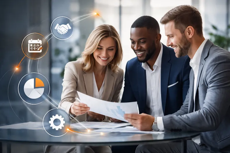 Business professionals discussing blockchain solutions at a meeting.