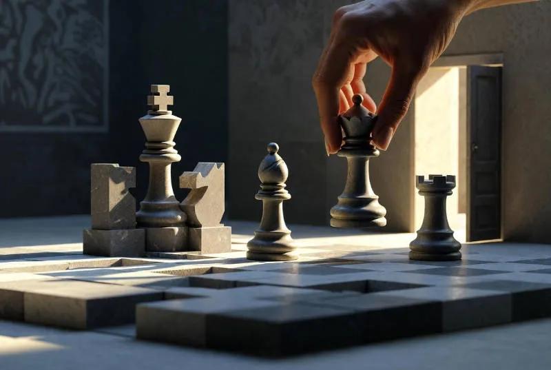 Hand moving a chess piece on a strategic chessboard for blockchain gaming.